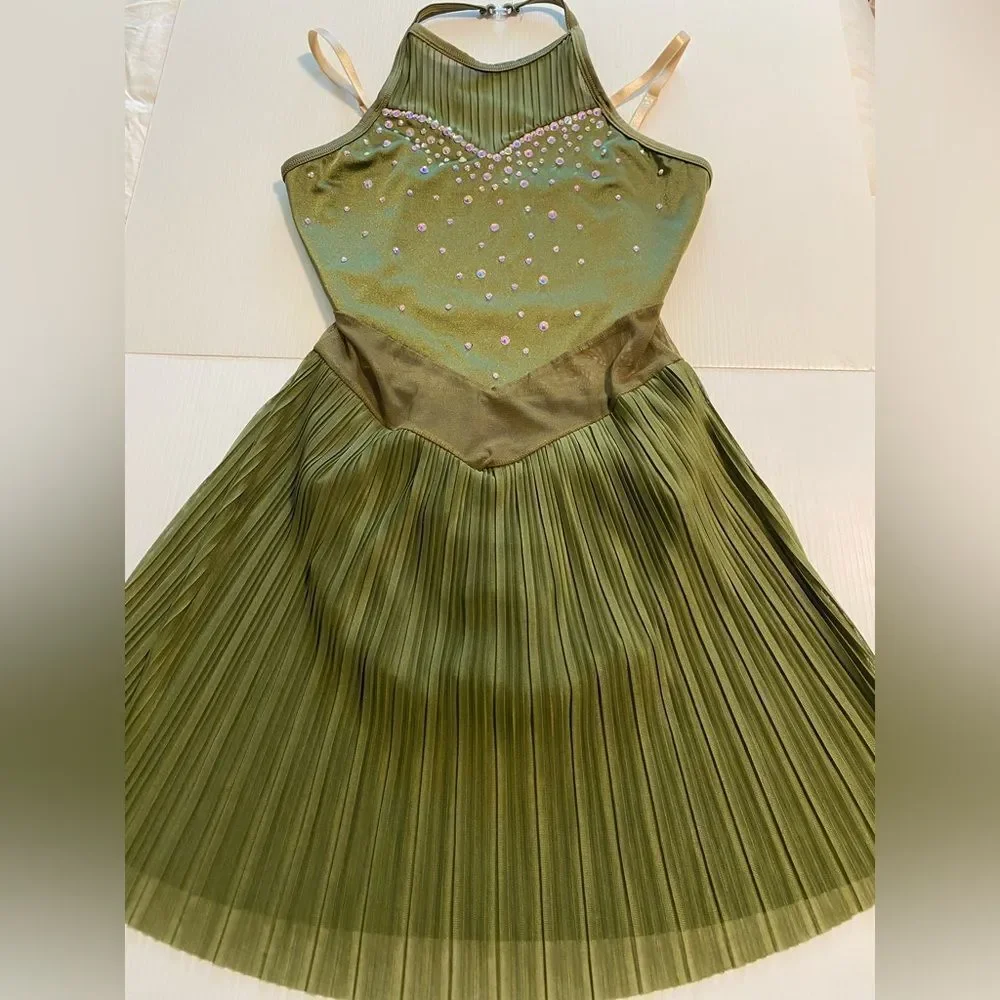 Competition Custom made solo dance costume olive green pleated lyrical dress SA